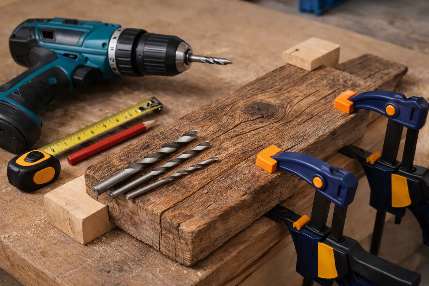 Perceuse et forets bois alignés sur établi avec serre-joint et cales