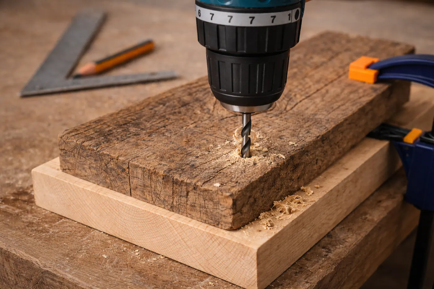 Perçage progressif d’un bois ancien avec évacuation régulière des copeaux