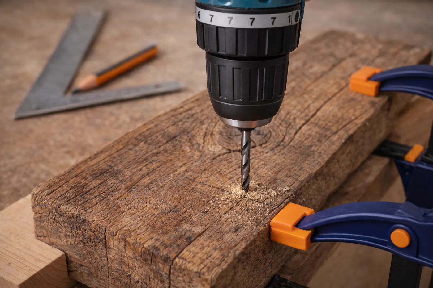 Pré-trou réalisé dans une pièce de bois ancien avant perçage au diamètre final