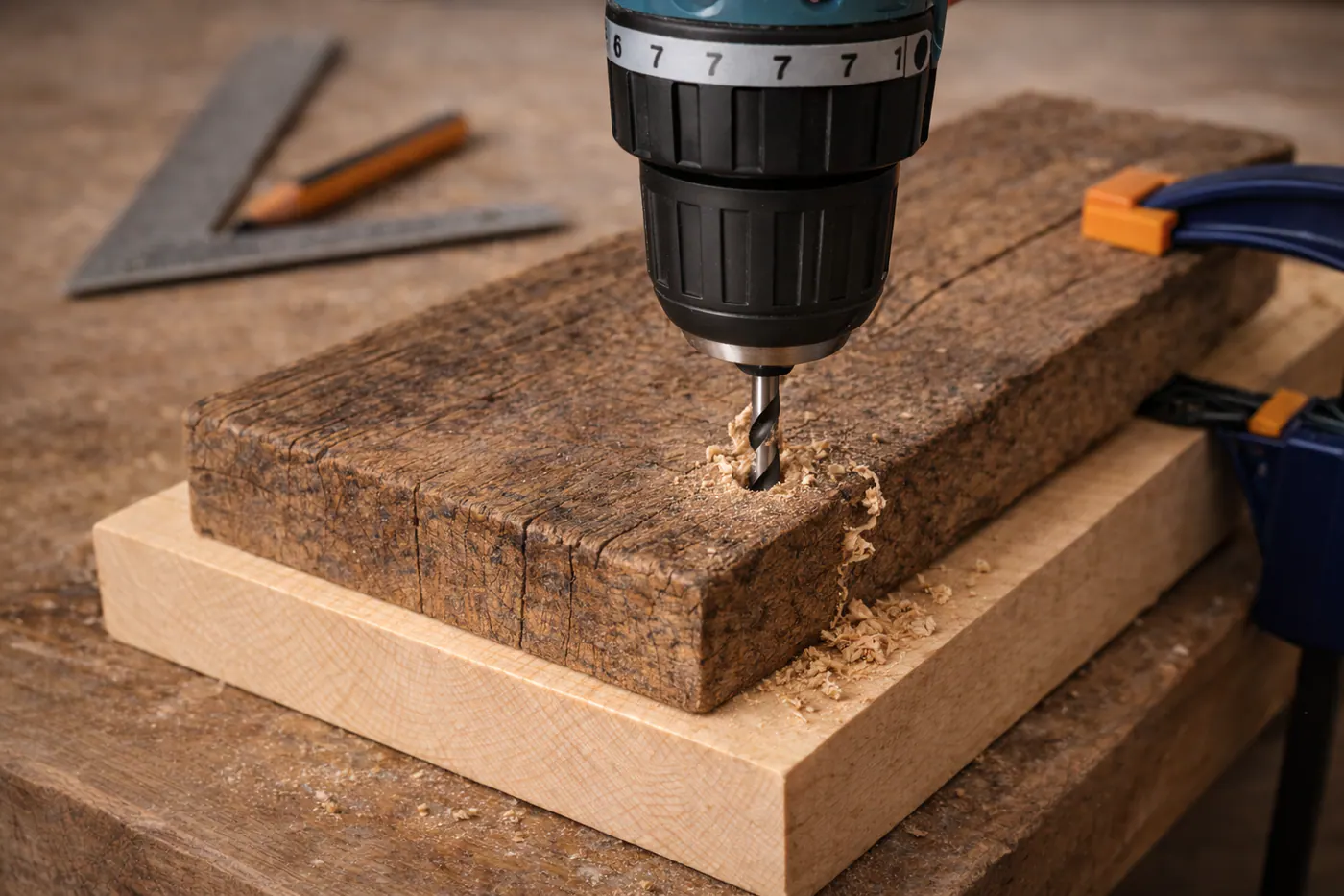 Perçage d’une planche en bois avec support martyre en sortie