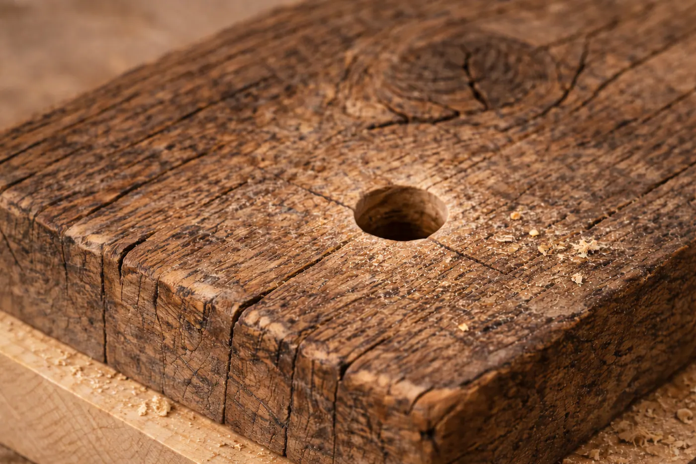 Trou propre réalisé dans un bois ancien dense sans fissure visible