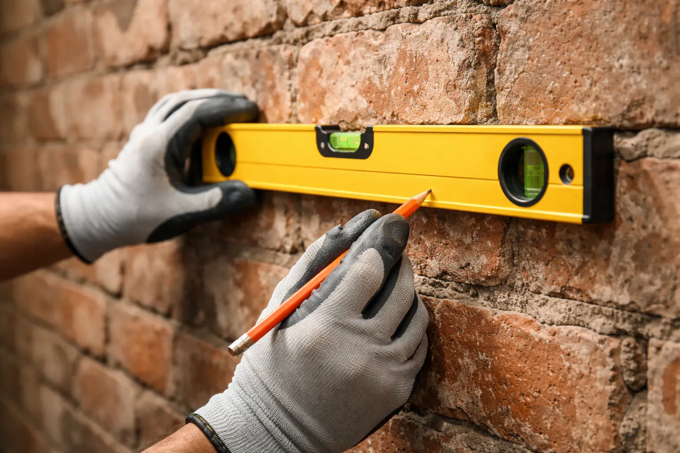 Marquage précis d’un point de perçage sur mur en brique avec niveau