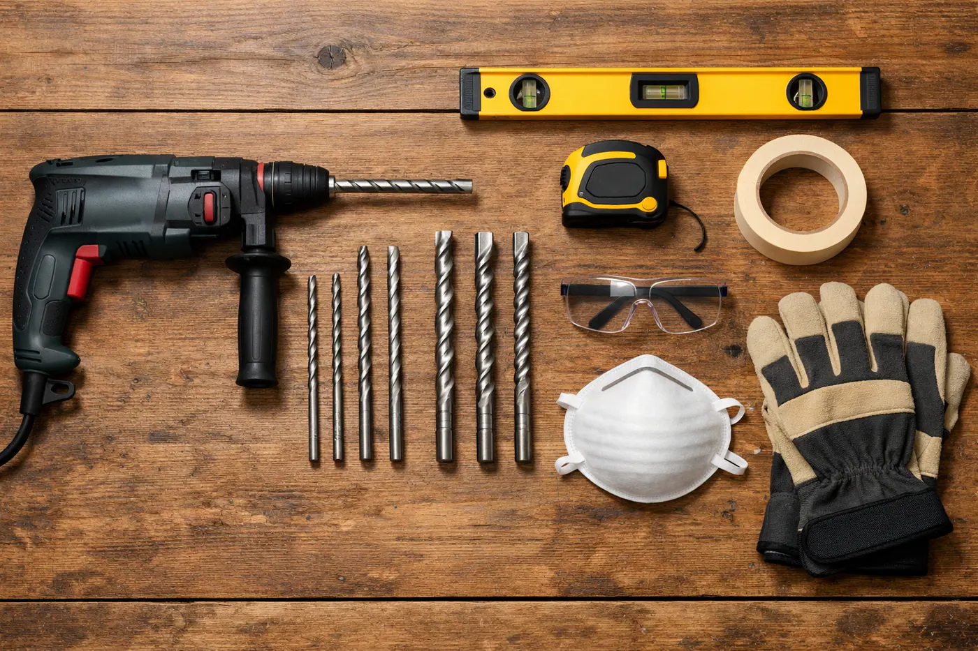 Ensemble d’outils pour percer la brique pleine : perceuse, forets béton, niveau et lunettes