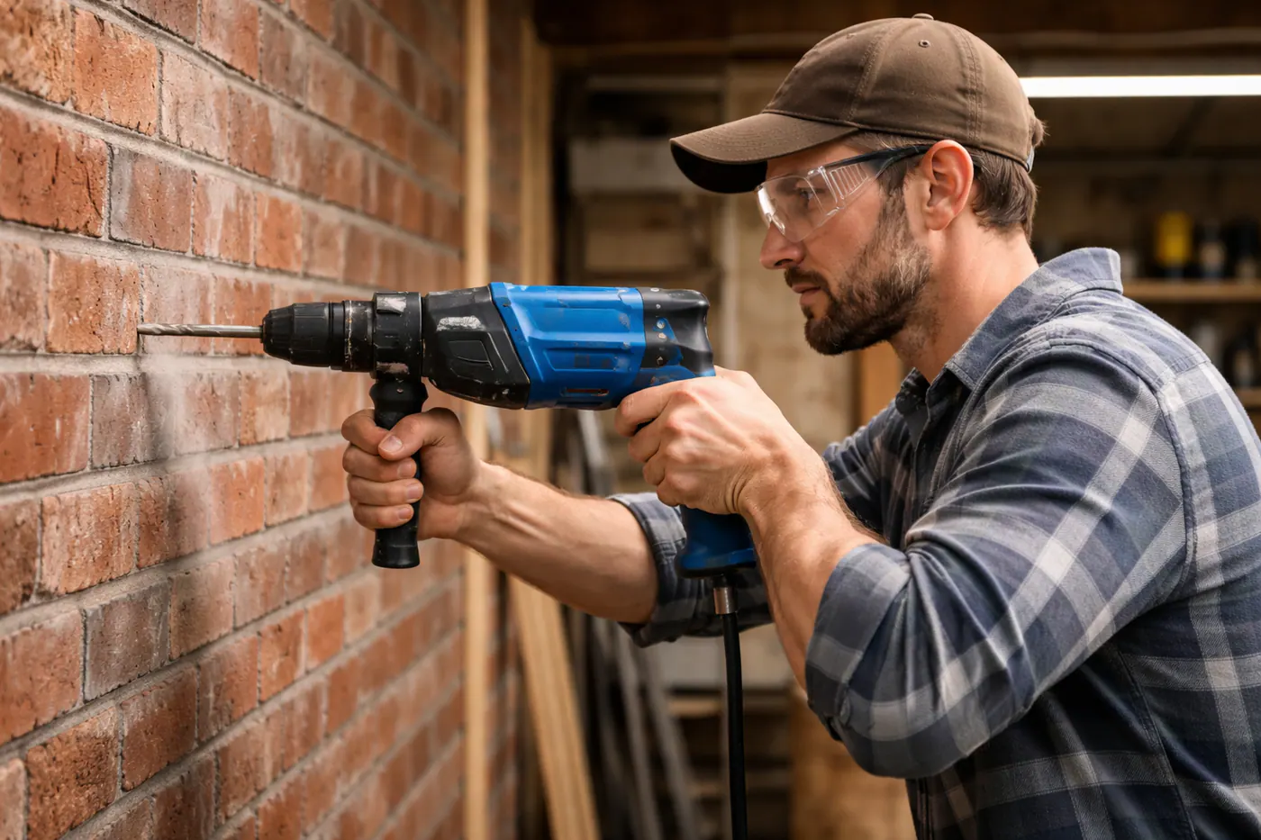 Perceuse tenue bien perpendiculaire au mur en brique pendant le perçage