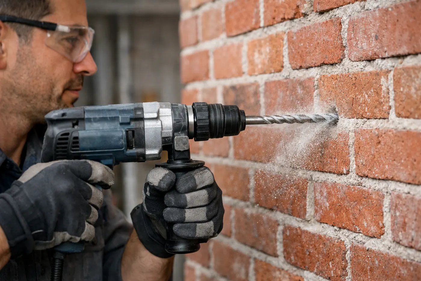 Progression régulière du foret dans un mur en brique pleine avec poussière maîtrisée