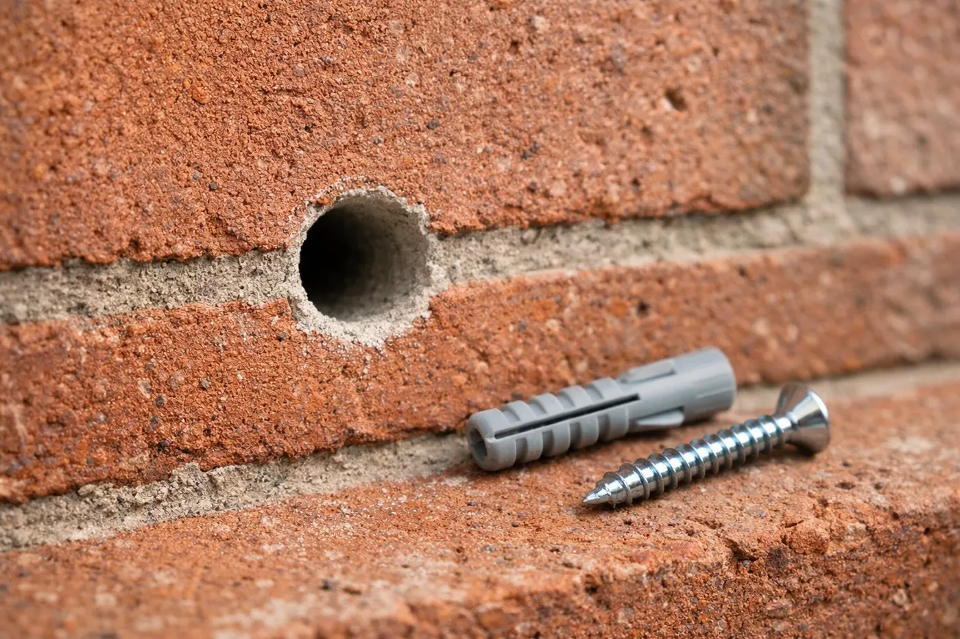 Trou net dans une brique pleine prêt à recevoir une cheville