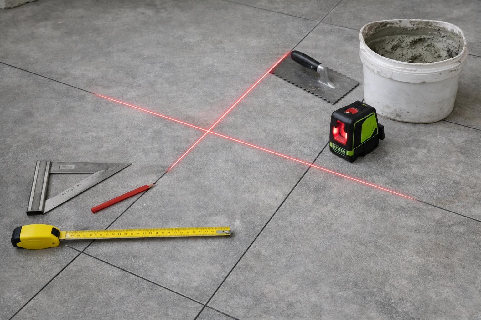 Calepinage de carrelage grand format avec axes tracés au sol