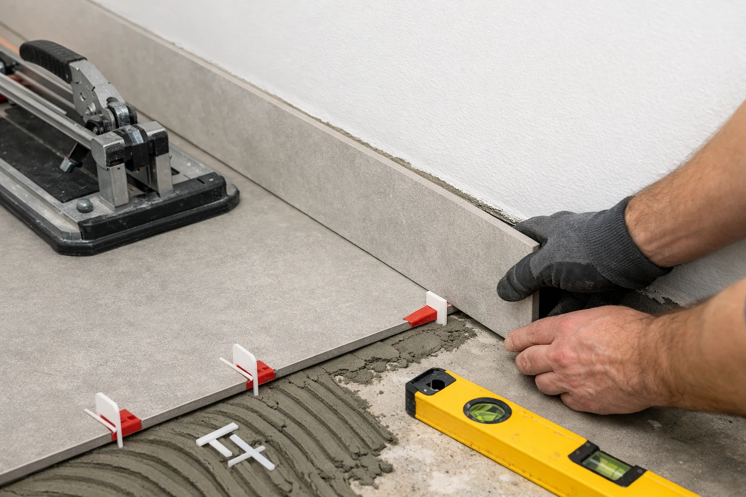 Coupes propres sur carrelage grand format en périphérie de pièce