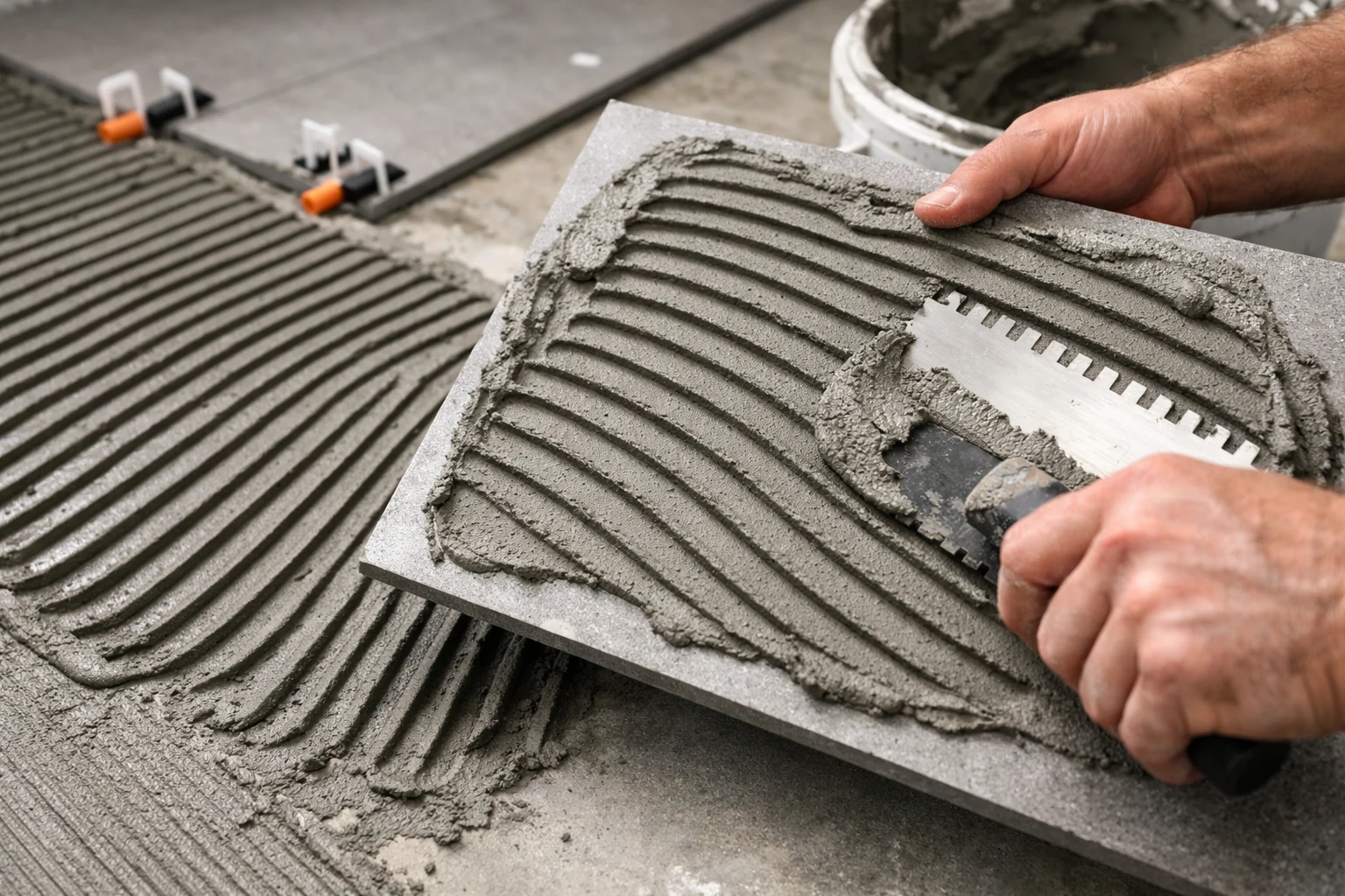 Application de colle en double encollage sur sol et dos de carreau grand format