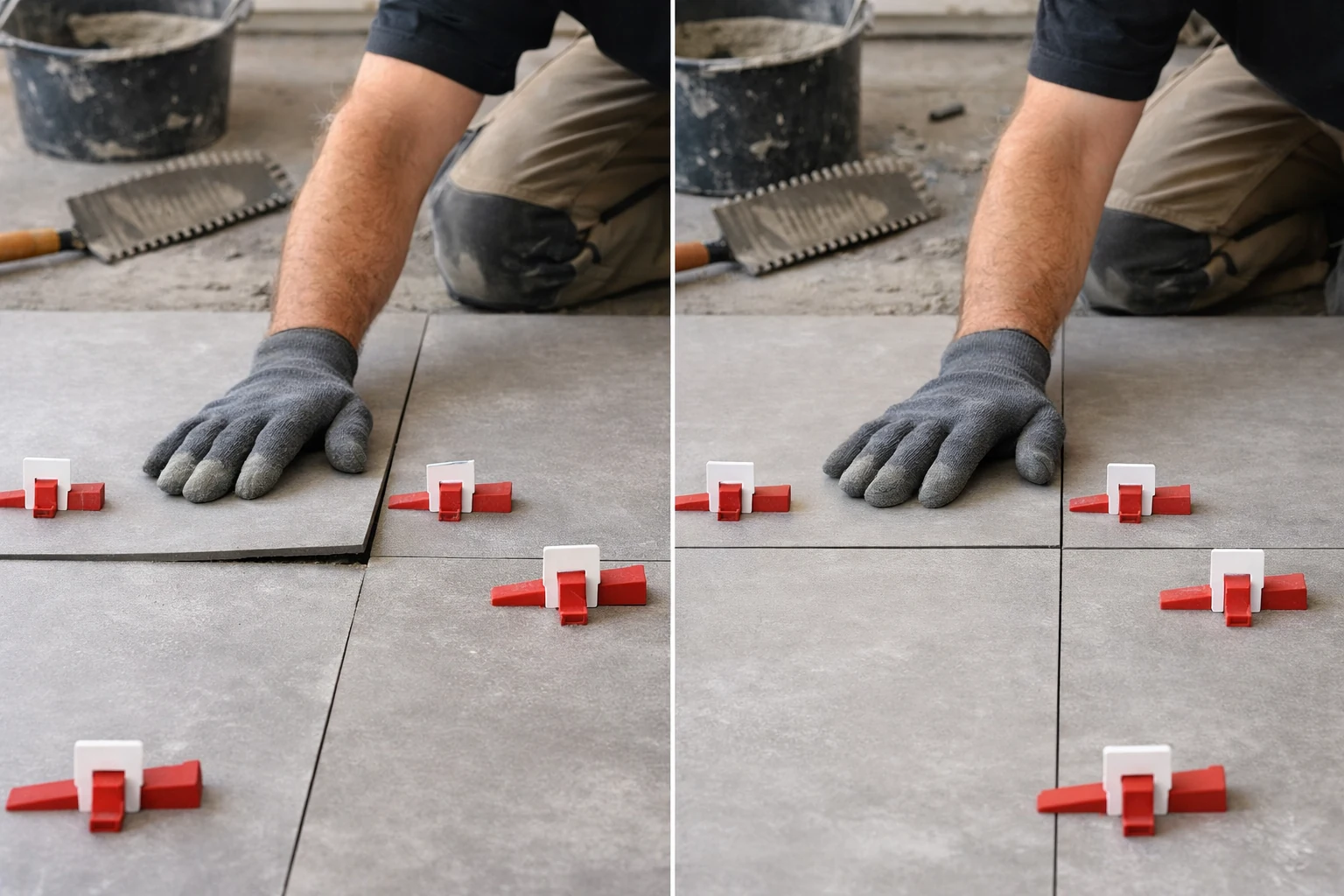 Comparatif visuel entre carrelage grand format avec lippage et pose plane