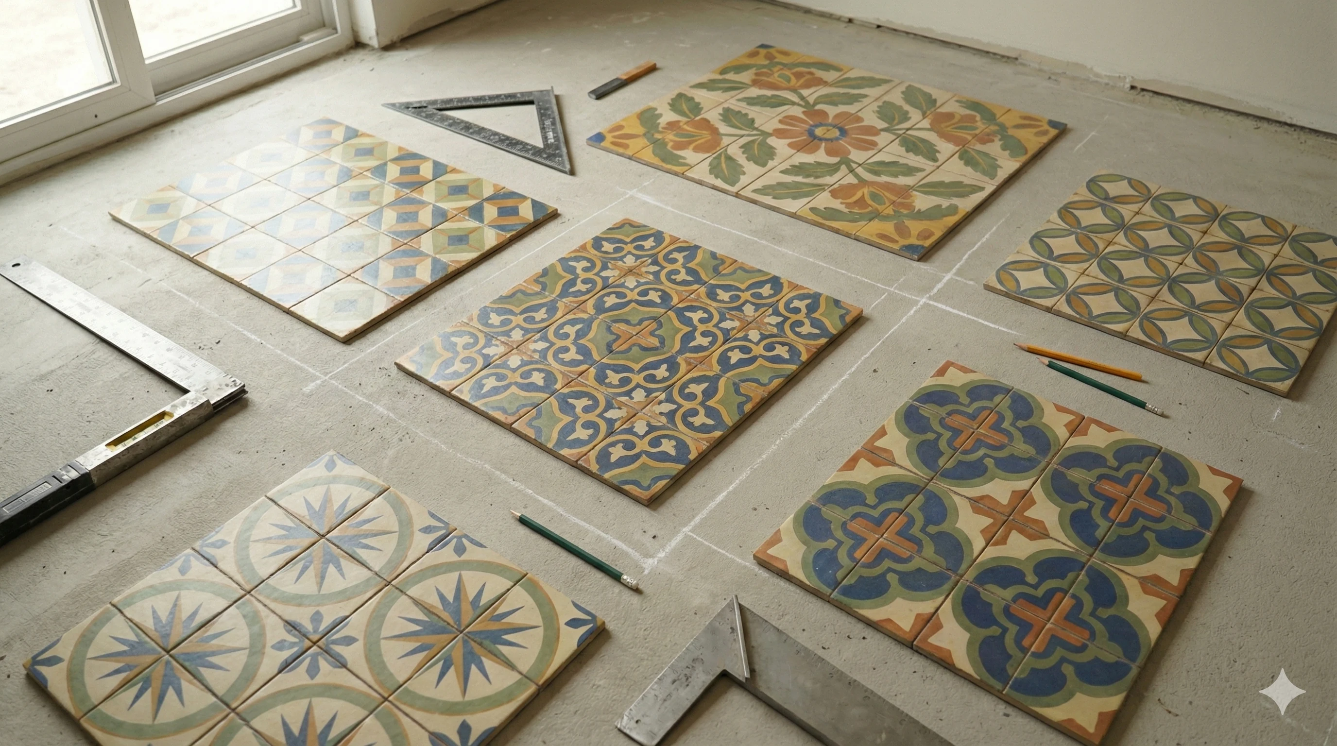 Panneau test de carrelage rétro posé à sec avant collage