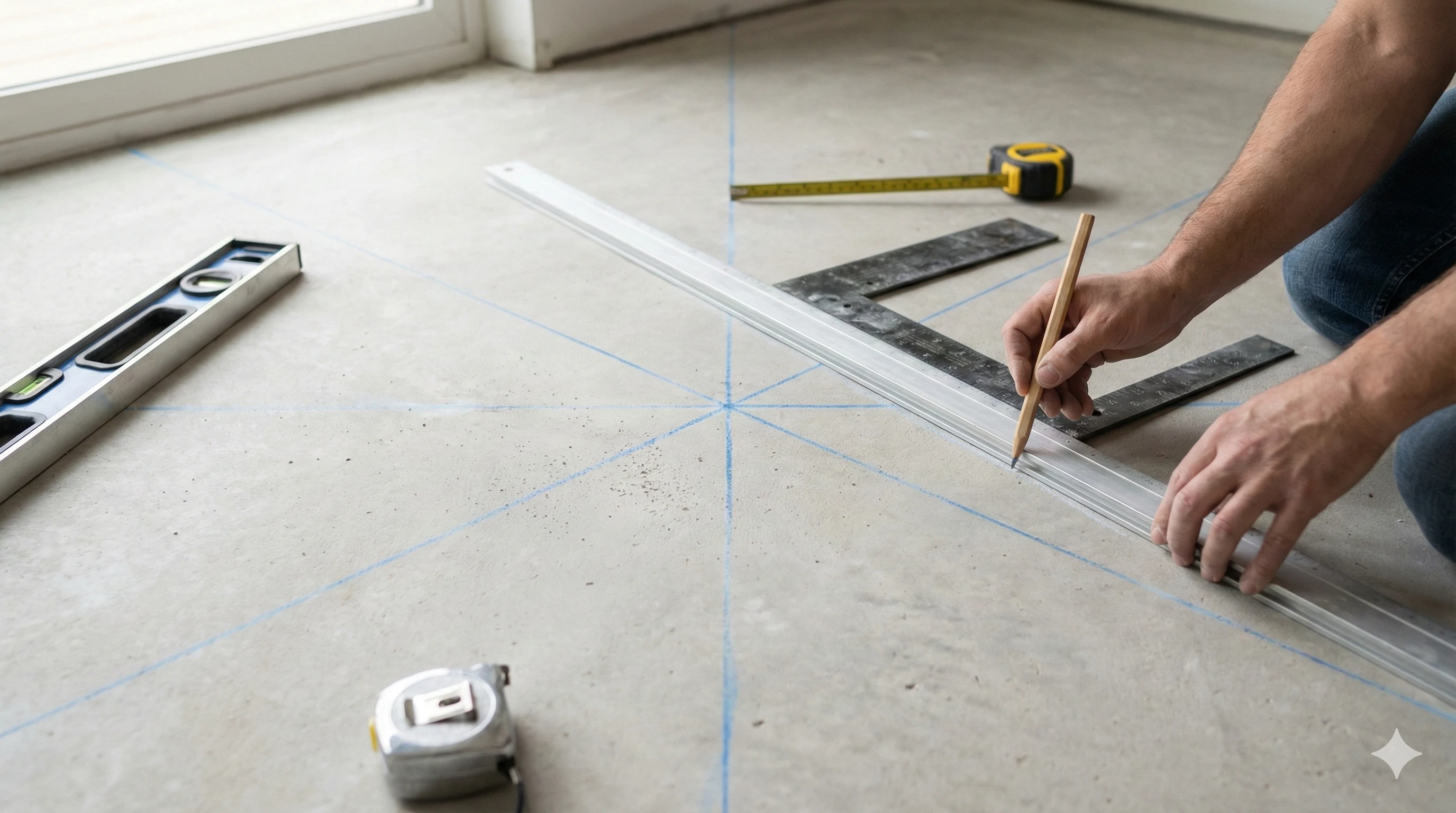 Tracés d'axes au sol pour pose d'un carrelage rétro