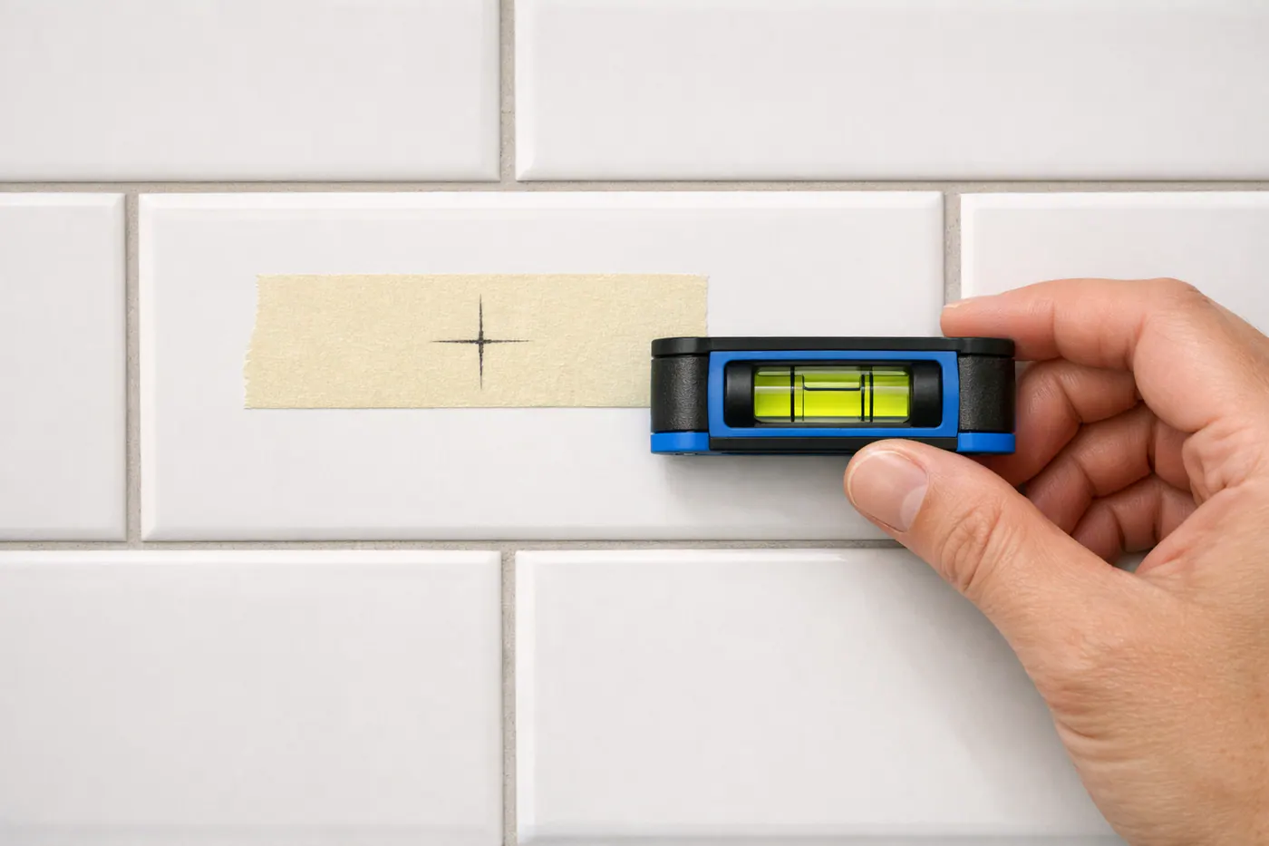 Point de perçage marqué sur un carreau avec ruban adhésif et repère crayon