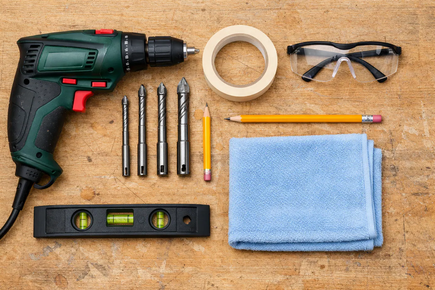 Matériel de perçage carrelage aligné sur établi : forets, perceuse, ruban et niveau