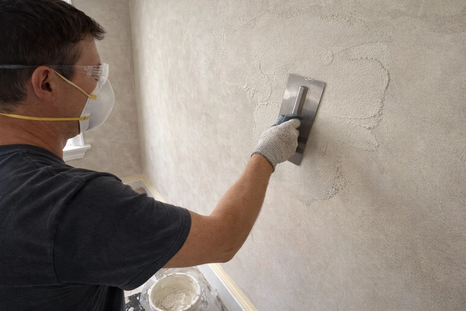 Application d'une couche de base à la chaux au platoir sur un mur intérieur