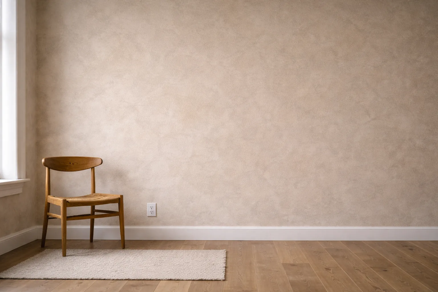 Mur texturé à la chaux terminé avec finition homogène et détails propres