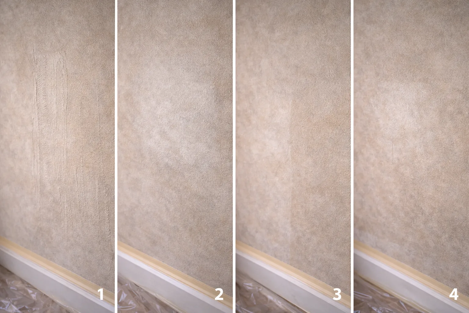 Comparatif de défauts fréquents sur un mur à la chaux: traces, zones poudreuses et raccords