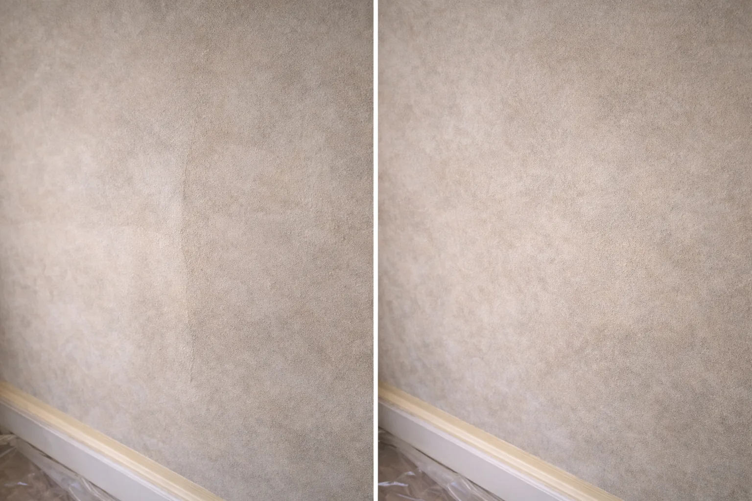 Correction d'une zone de raccord visible sur un mur texturé à la chaux