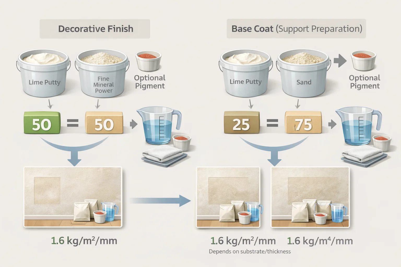 Schéma de dosage et consommation d'un enduit à la chaux selon la surface du mur