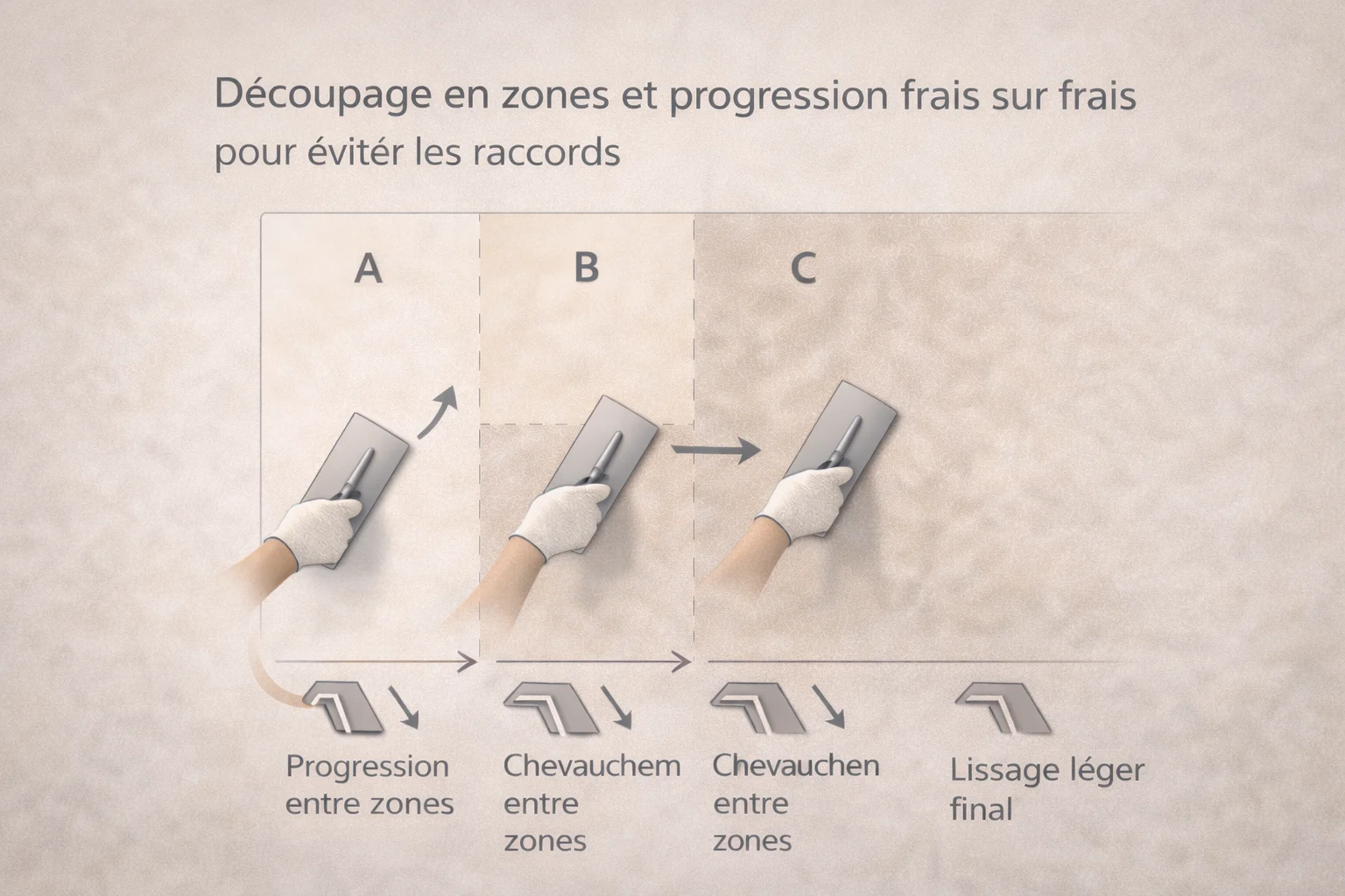 Schéma pas à pas de pose de l'enduit à la chaux par zones avec chevauchement