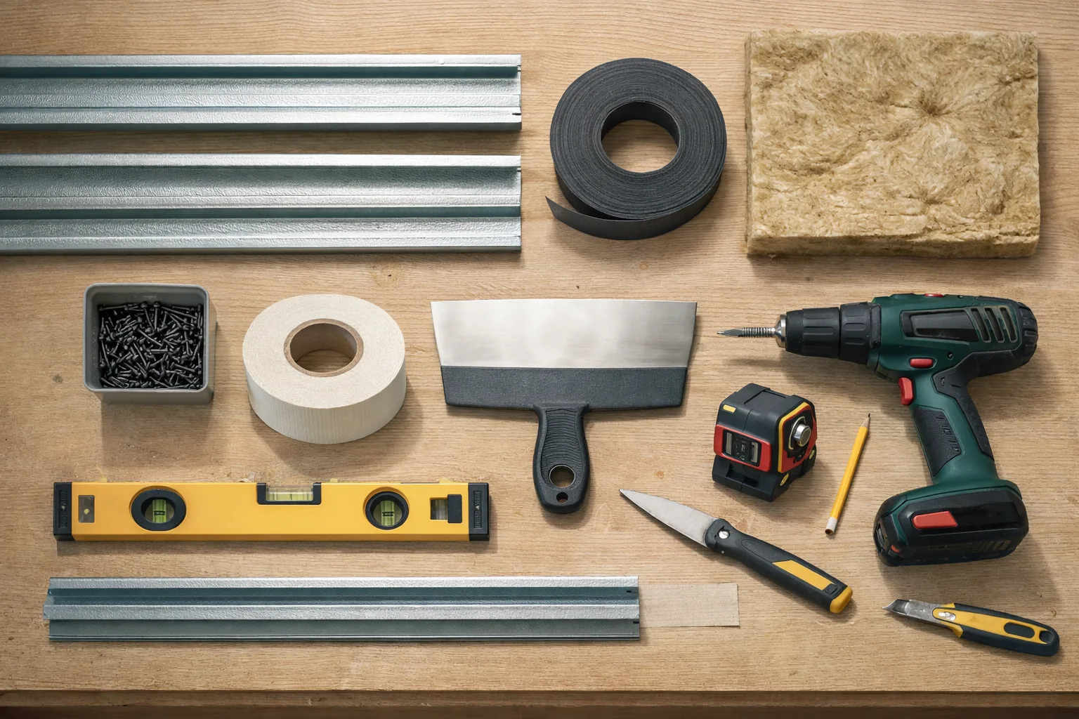 Outillage et fournitures nécessaires pour monter une cloison placo avec isolation phonique