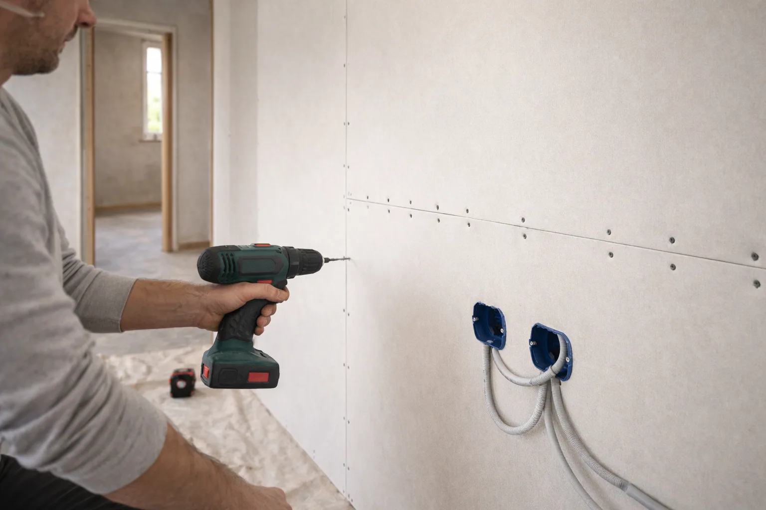 Pose et vissage de la première face en plaques de plâtre sur ossature métallique