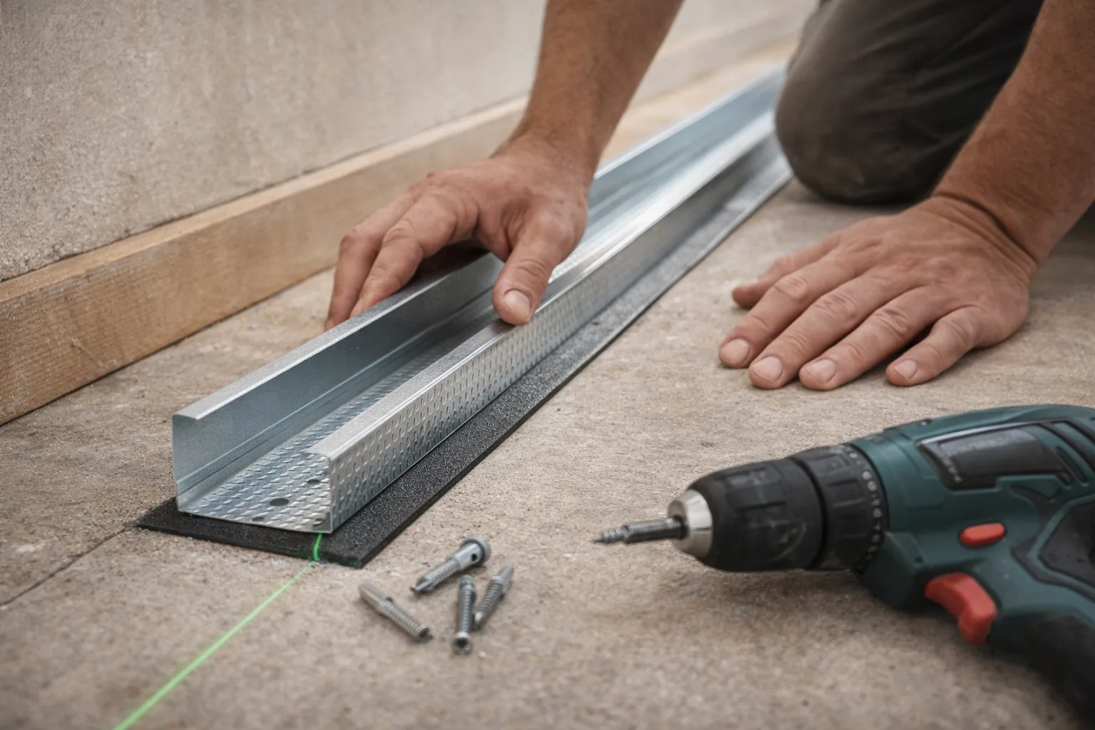 Pose de rails métalliques de cloison avec bande résiliente pour améliorer l'isolation phonique