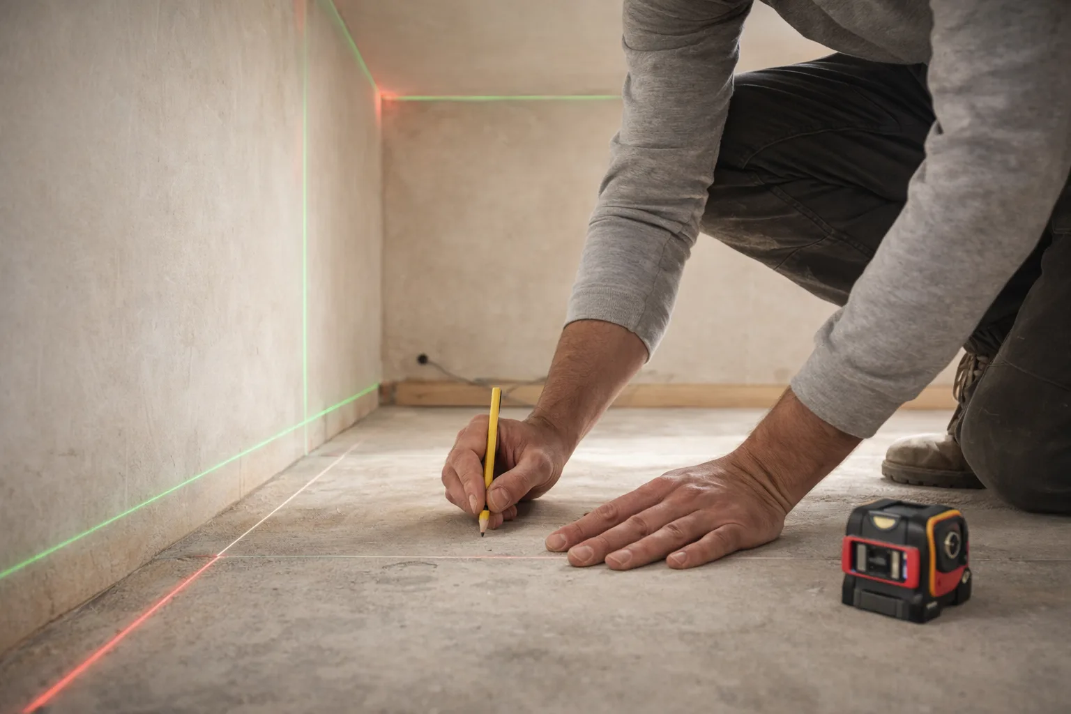 Traçage de l'implantation d'une cloison placo au sol et au plafond avec niveau laser