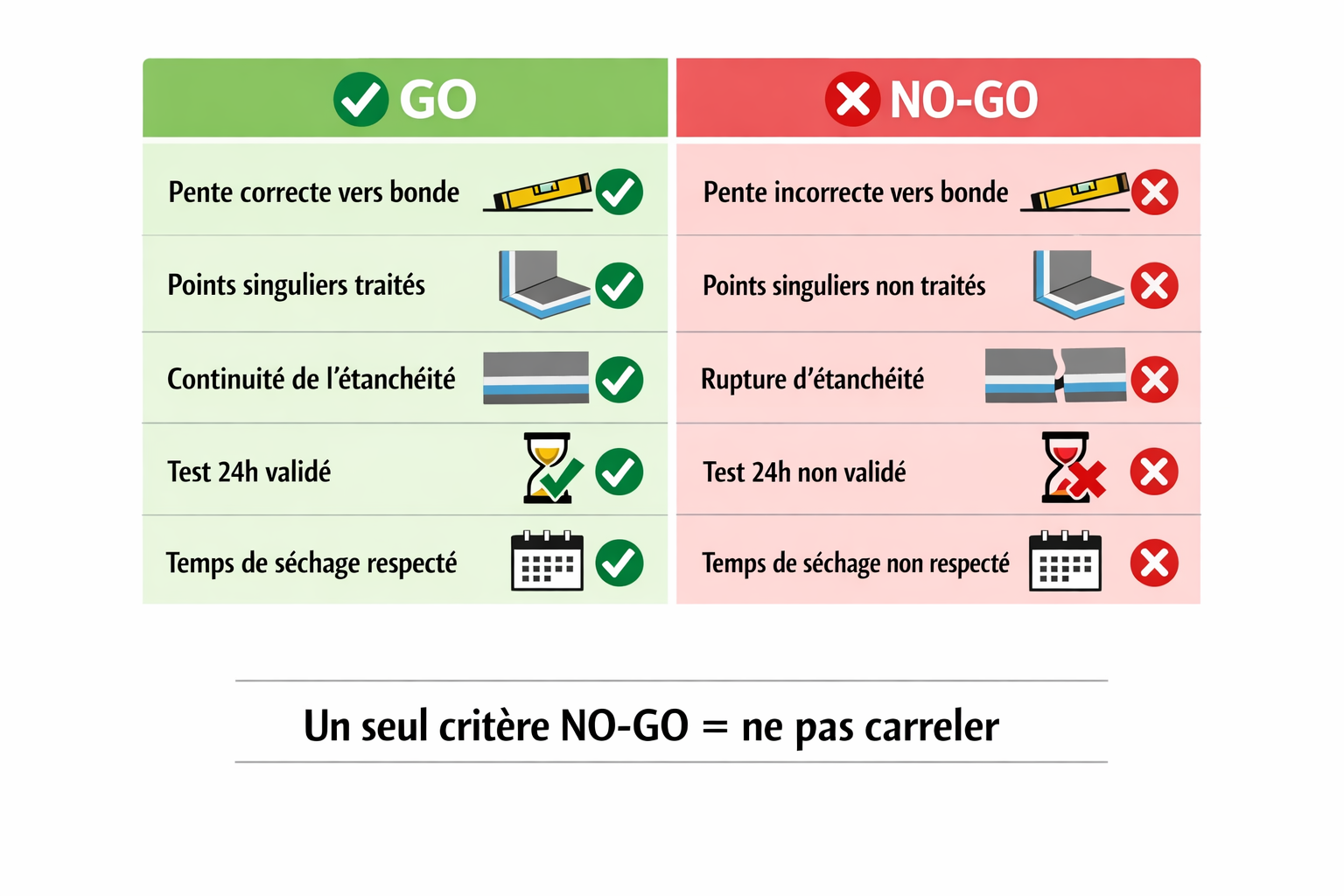Schéma de validation go no-go avant carrelage avec critères de décision