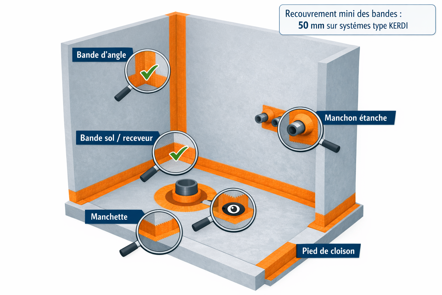 Schéma des points singuliers d'une douche: angles, traversées, jonction receveur mur et pied de cloison