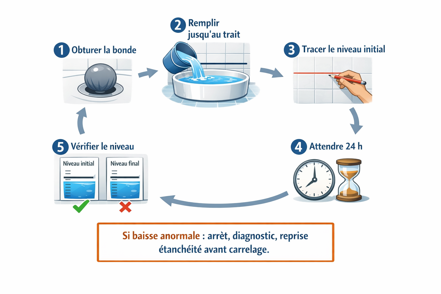 Schéma de procédure de water test en 5 étapes sur 24 heures avant carrelage