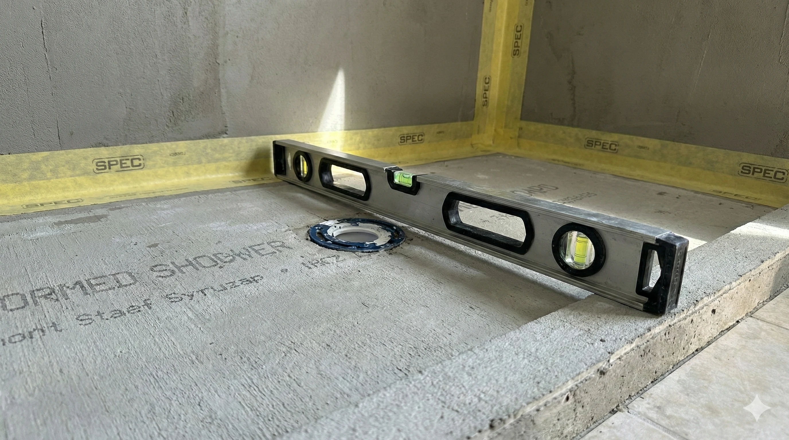 Pose d'un receveur de douche avec contrôle de pentes vers l'évacuation