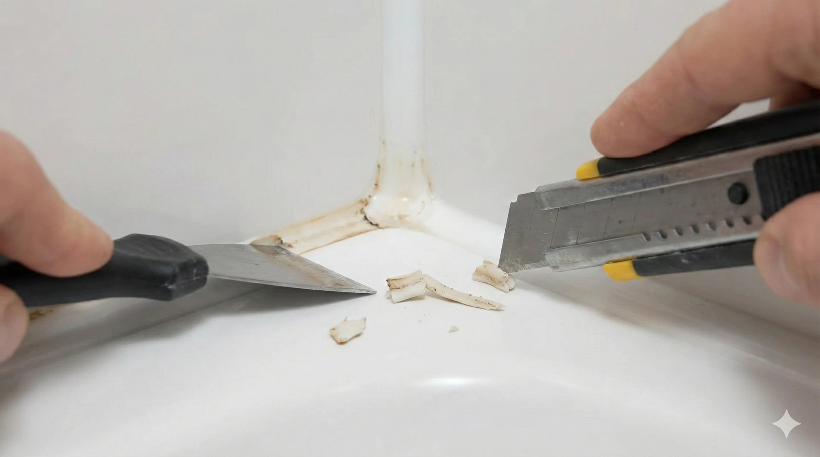 Dépose de l'ancien joint silicone dans une douche