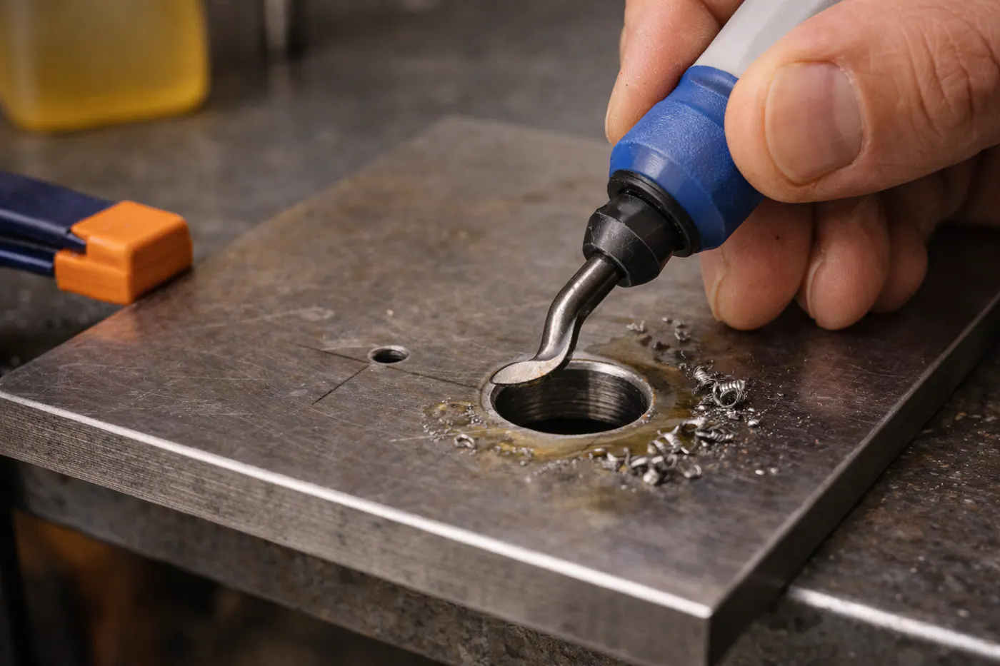 Ébavurage d’un trou métal après perçage pour obtenir une finition propre