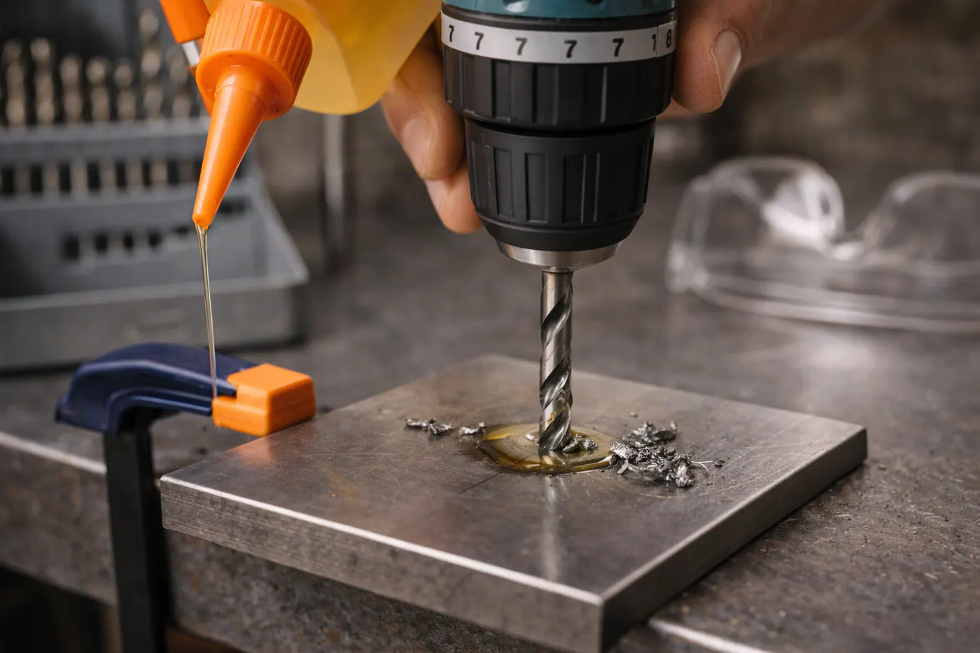 Application d’huile de coupe pendant perçage d’une pièce métal