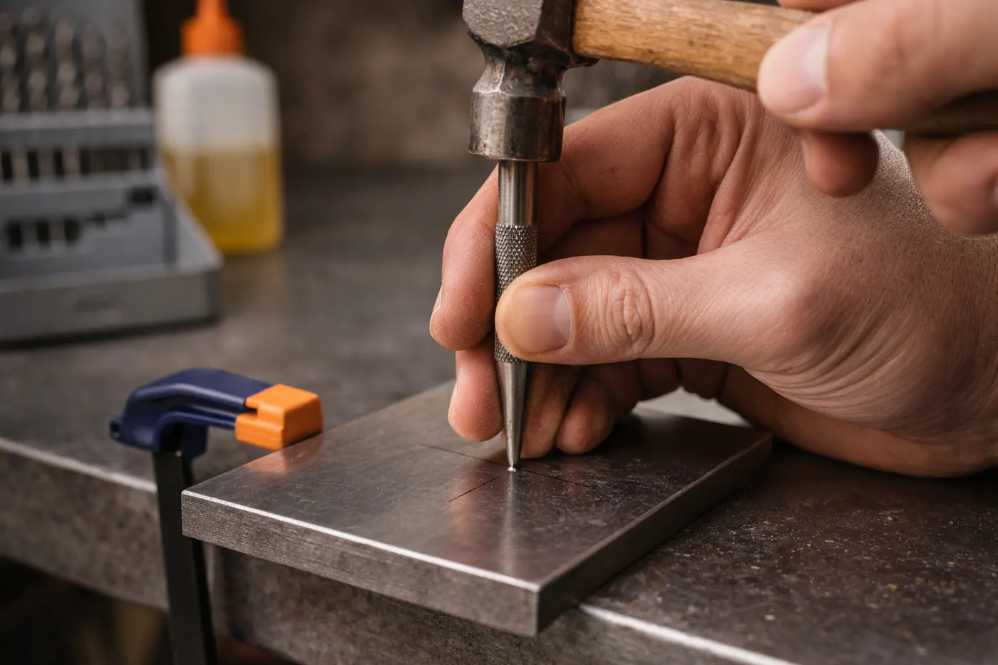 Pointage précis au pointeau avant perçage d’une pièce métallique