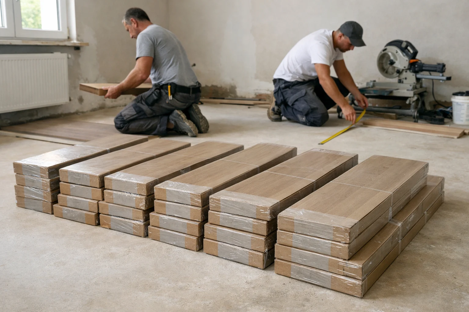 Paquets de parquet flottant stockés à plat dans la pièce avant pose