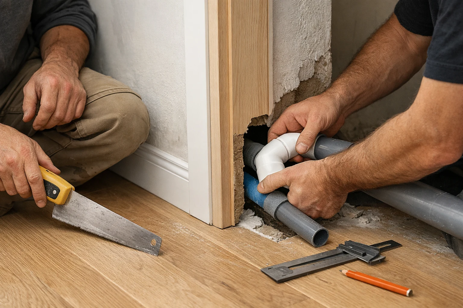 Traitement des passages de porte et tuyaux lors de la pose d'un parquet flottant