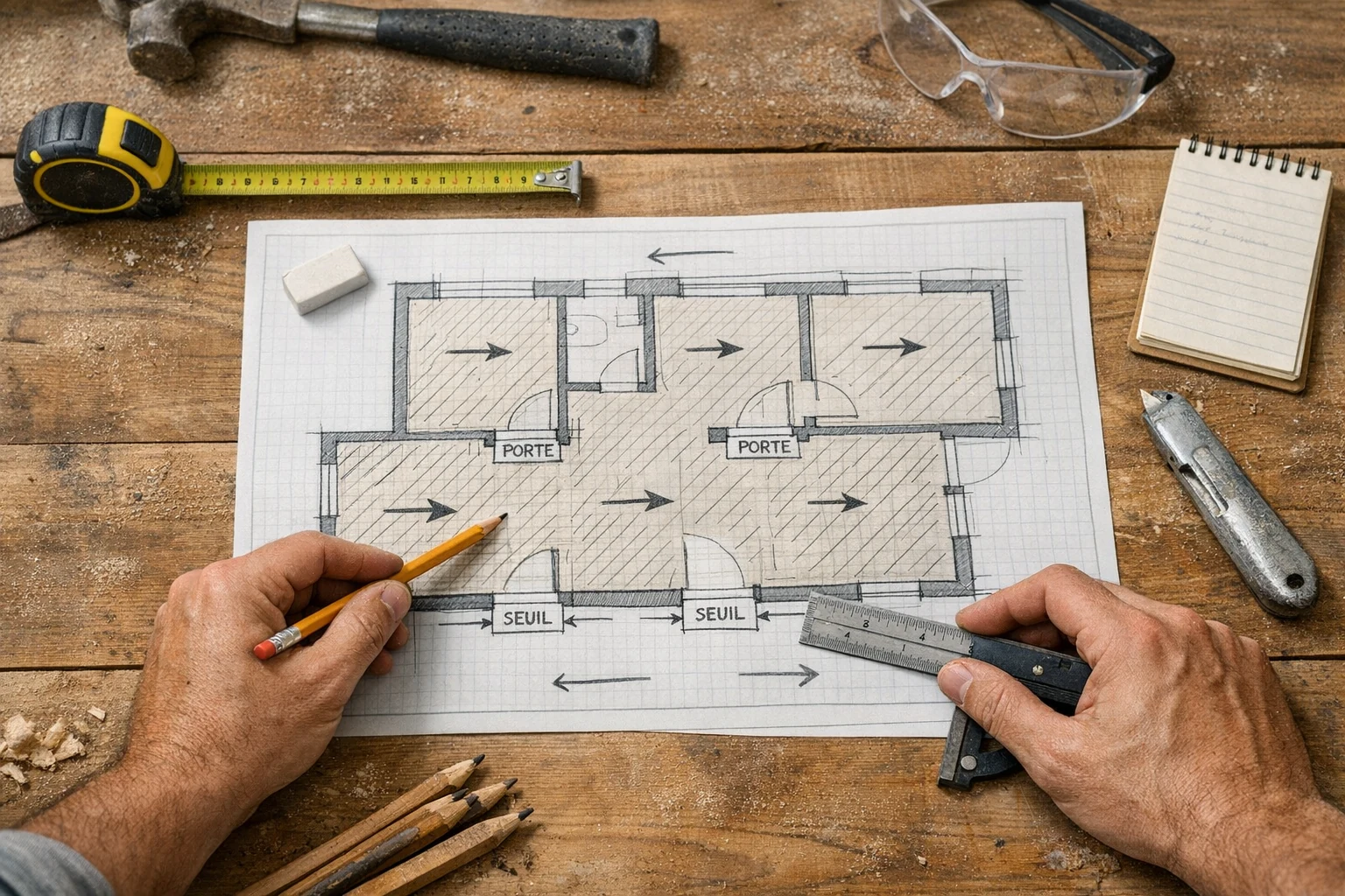 Plan de pièce avec sens de pose des lames de parquet flottant et zones de découpe