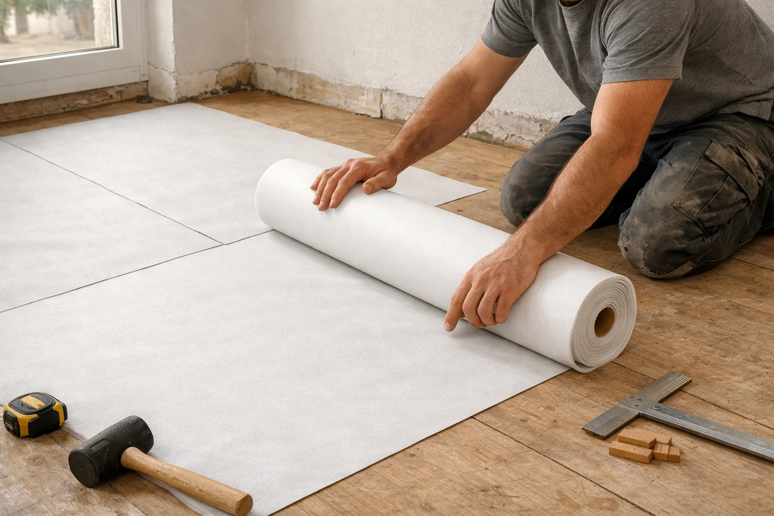 Pose d'une sous-couche de parquet flottant avec joints alignés