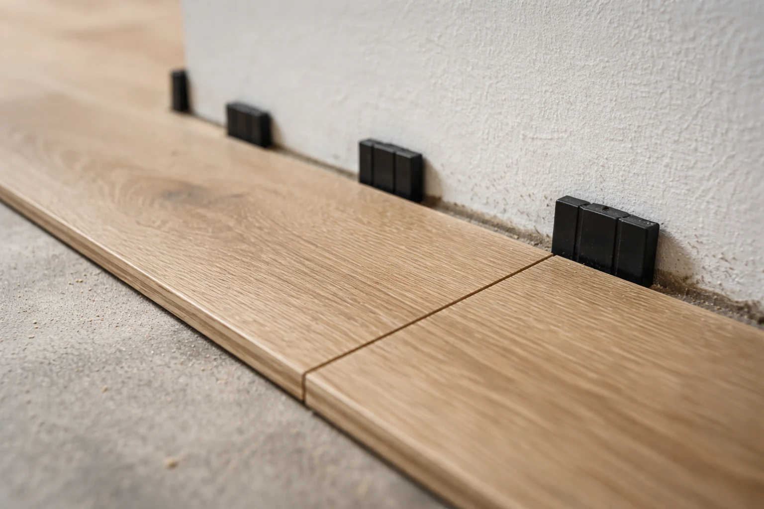 Première rangée de parquet clipsable avec cales de dilatation