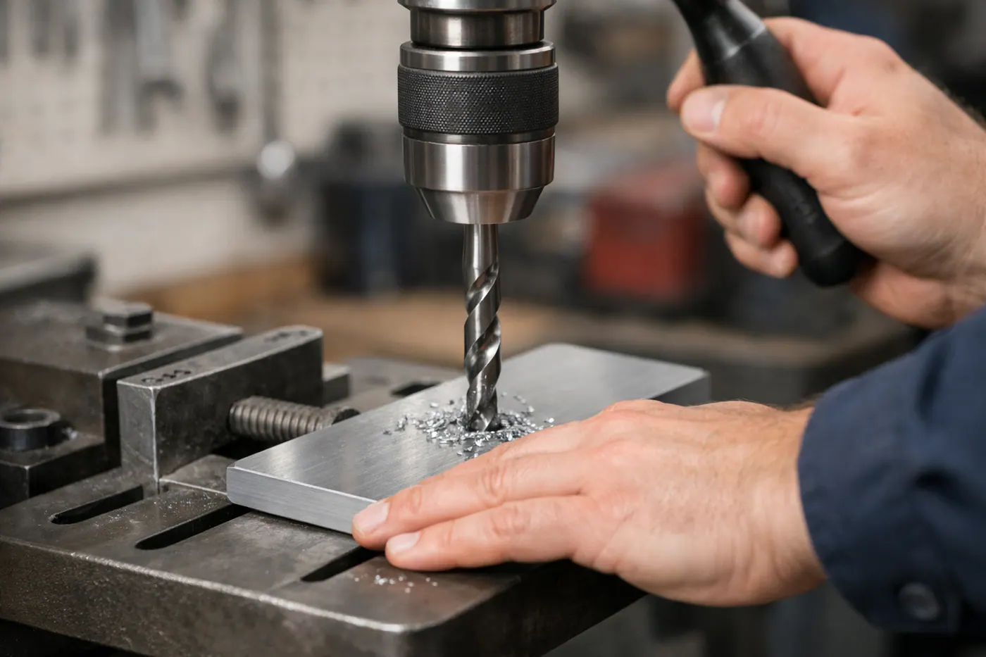 Main appliquant une pression régulière et contrôlée sur une perceuse pendant le perçage