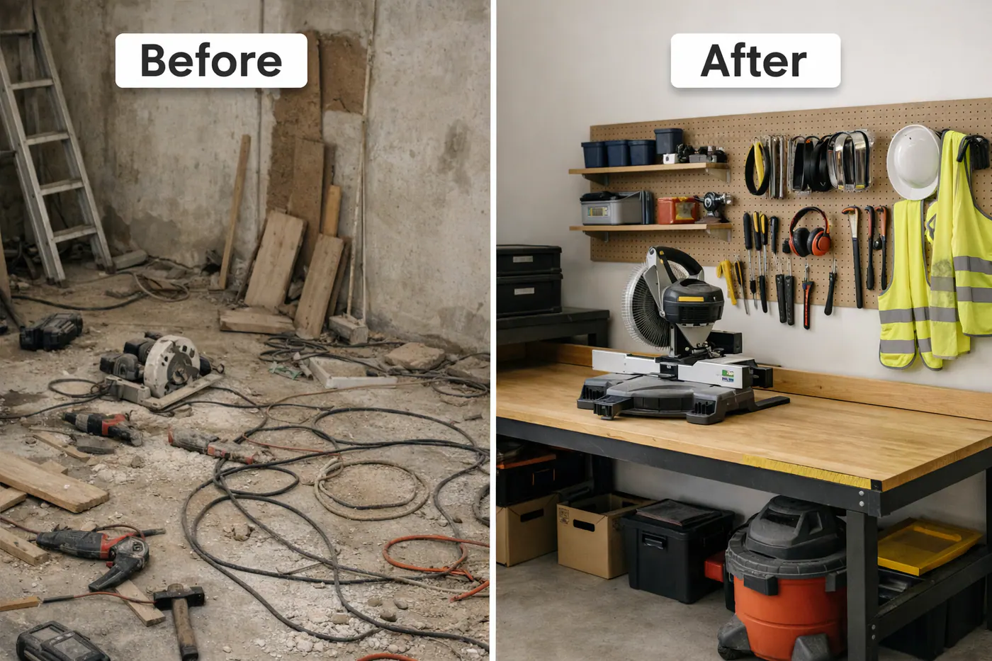 Atelier désordonné à gauche et atelier organisé et sûr à droite