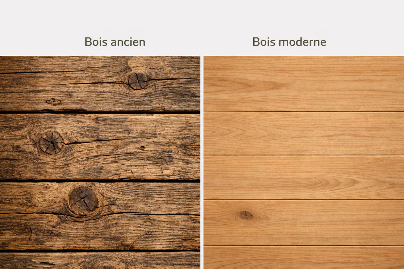 Comparaison entre bois ancien dense et bois moderne plus uniforme