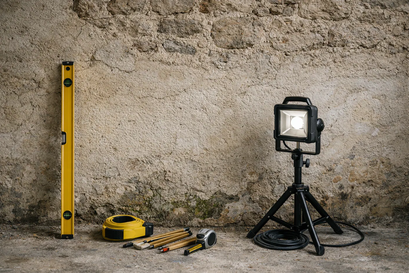 Mur de maison ancienne avec une trace d’humidité en partie basse pendant une rénovation