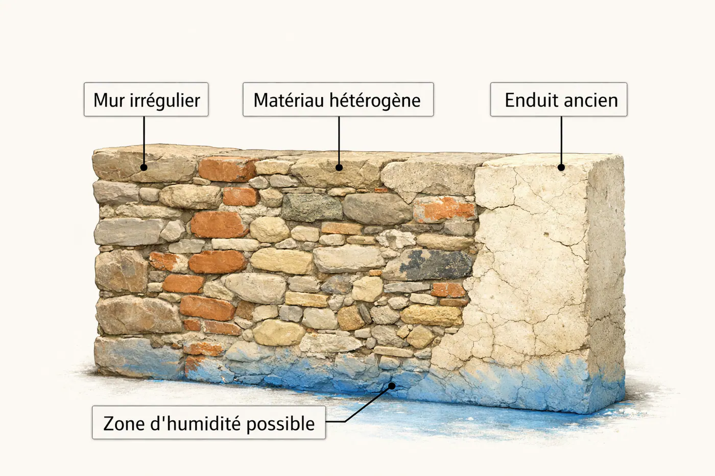 Schéma d’un mur ancien en coupe montrant des irrégularités et différentes couches de matériaux