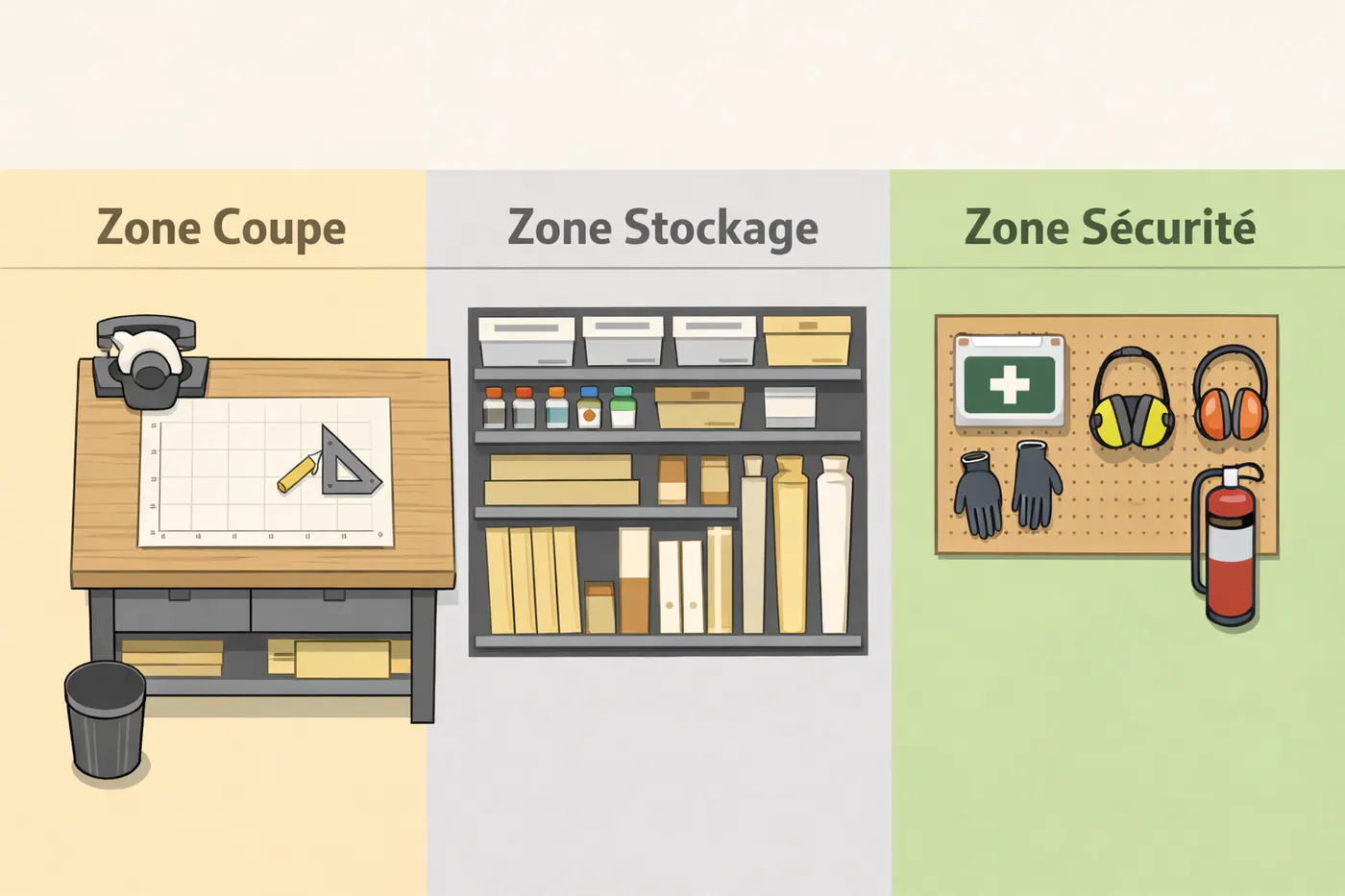 Schéma d’un atelier organisé en trois zones : coupe, stockage et sécurité